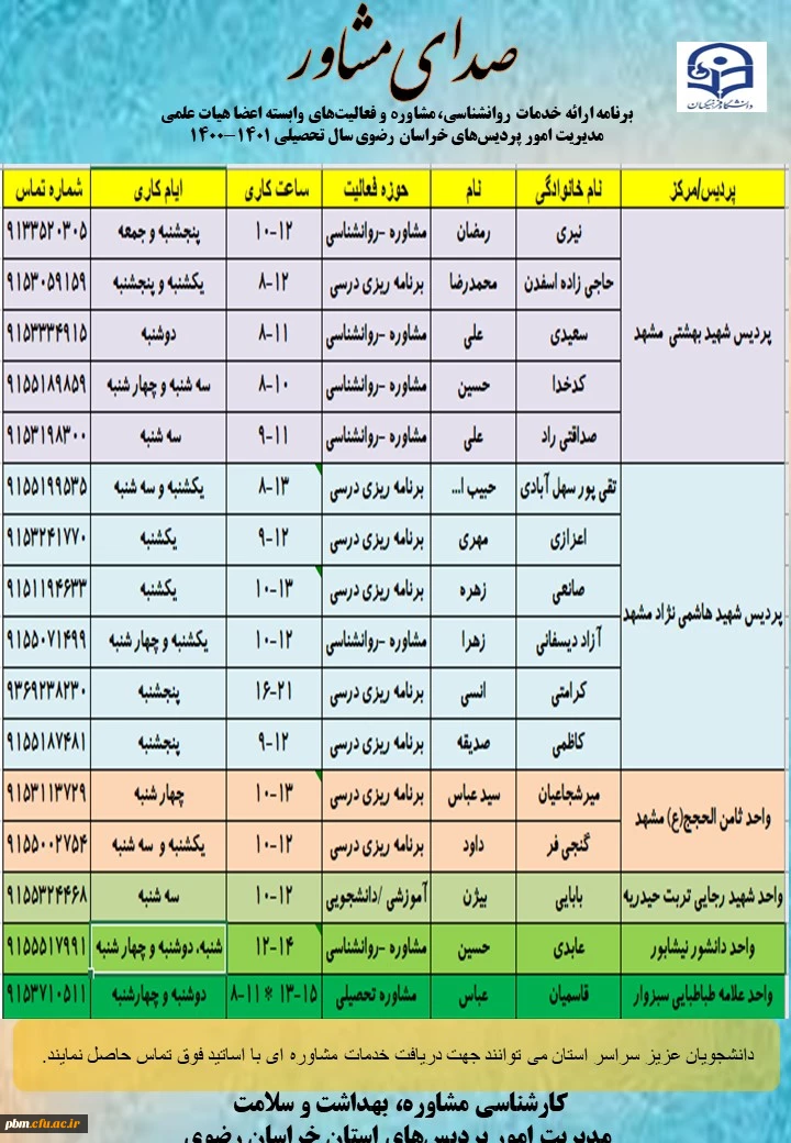 جدول زمانی ارائه خدمات صدای مشاور