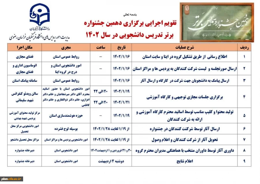 تقویم اجرایی دهمین جشنواره تدریس برتر